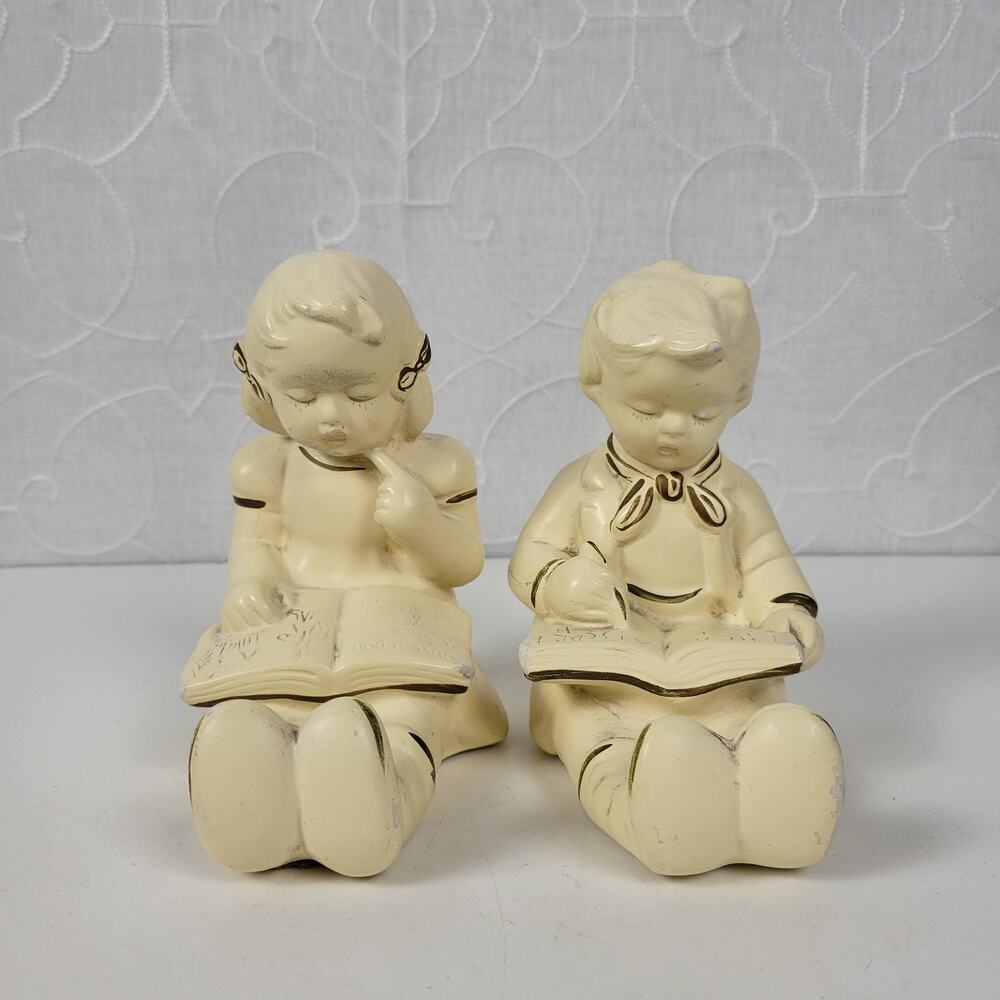Vintage Coventry Ware Chalkware Children‎ Boy & Girl Reading Bookends Set